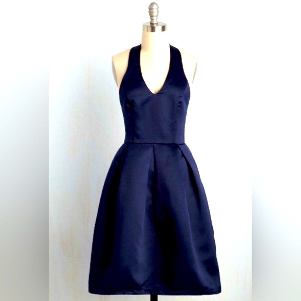 ModCloth LIZA LUXE Navy Halter Neck Midi Cocktail Dress Sz S